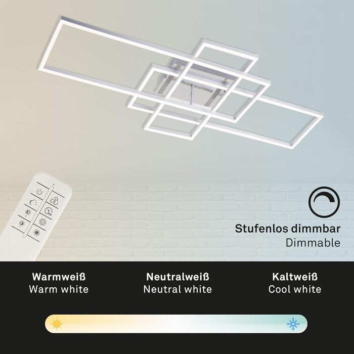 BRILONER - LED Ceiling Lamp with Remote Control, Dimmable, Adjustable from Warm White to Neutral White, Lamp, LED Ceiling Light, Living Room Lamp, Bedroom Lamp, Kitchen Lamp, 104x42x10 cm, Chrome-Aluminum