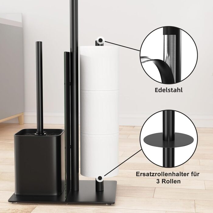 Stainless Steel Toilet Paper Holder with Brush - Standing Toilet Paper Roll Holder & WC Brush Set with Glass Shelf (Matte Black)