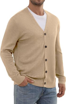 Чоловічий в'язаний кардиган вінтажного стилю з ґудзиками, з довгим рукавом, V-подібний виріз, легкий та теплий на осінь/зиму, бежевий, розмір M