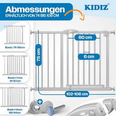 Захист для сходів KIDIZ без свердління | Регульована ширина 102-108 см, висота 75 см | Захист для дітей та собак, двостороннє відкривання однією рукою, система Open-Stop 90°, сірий колір
