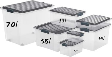 Rotho Compact 3-Piece Storage Box Set 70L with Lid and Wheels (3x38L, Anthracite/Transparent)