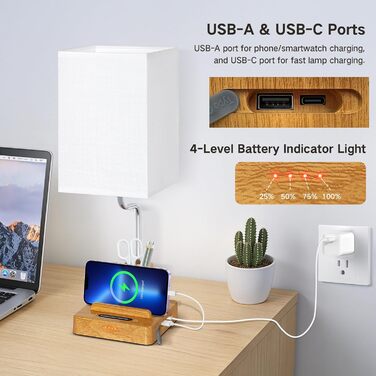 Настільна лампа світлодіодна OUTON 8000mAh бездротова з підставкою для ручок, акумуляторна, тканинний плафон, 3 режими світла, сенсорне керування, димування, індикатор заряду