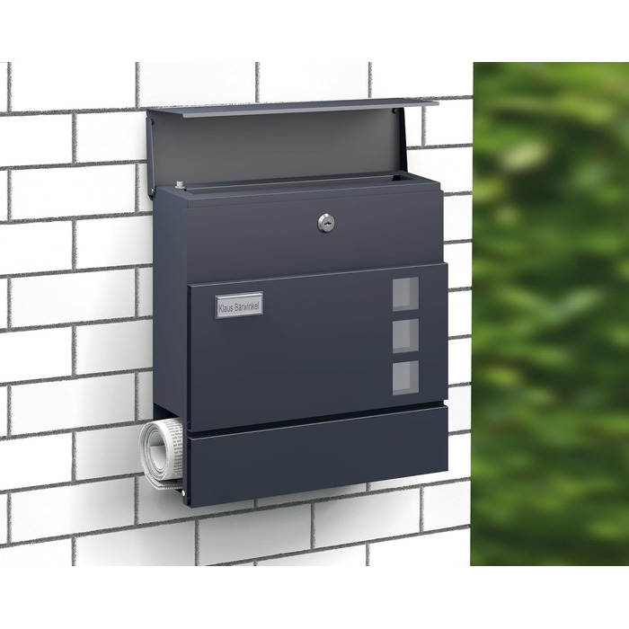 Поштова скринька BASI з м'яким закриттям, оглядовим вікном та табличкою для імені, DIN A4, з 2 ключами, вбудованим відділенням для газет, антрацит, настінна (H37x37x10.4 см)