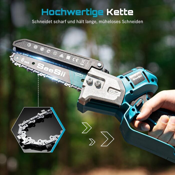 SEESII Безщіткова міні-бензопила 6 дюймів, акумуляторна ручна пила з 2 * 4000 mAh акумуляторами, одноручна пила з автоматичним змащуванням, сумісна з акумулятором Makita 18V, електрична пила для дерева, гілок 6 дюймів безщіткова