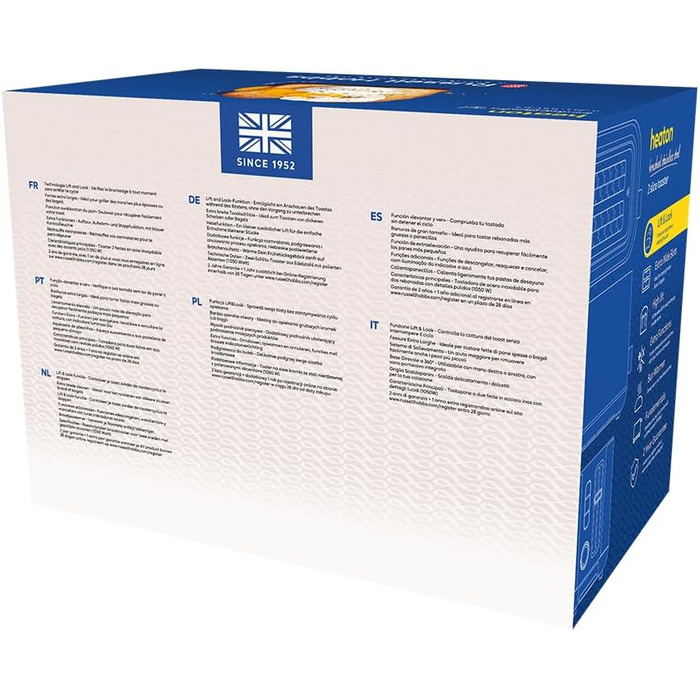 Тостер Russell Hobbs Textures+ з широкими слотами, підставка для бургерів, щипці, 6 рівнів підсмажування, розморожування та підігріву, 850W, 22601-56, нержавіюча сталь, 2 відсіки