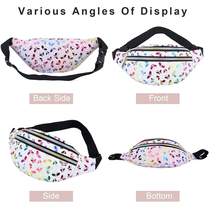 Металева поясна сумка AYNKH з регульованим ремінцем, три відділення, водонепроникна фанна-пак для відпочинку, спорту, подорожей (Білий метелик)