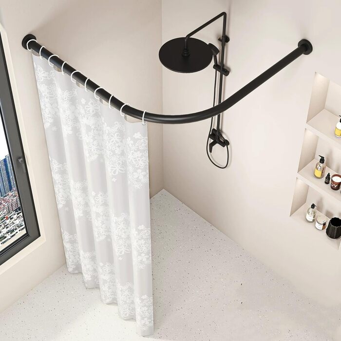 Штанга для душу без свердління, L-подібна, регульована, з нержавіючої сталі, для ванної кімнати та гардеробної (75-95 x 75-95 см) (Чорний, 75-95*90-130)