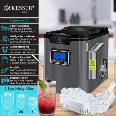 Машина для приготування льоду KESSER® з нержавіючої сталі, 150W, 12 кг/24 год, 3 розміри кубиків, 2.2 л резервуар, таймер, LCD-дисплей, аксесуари, чорний/антрацит