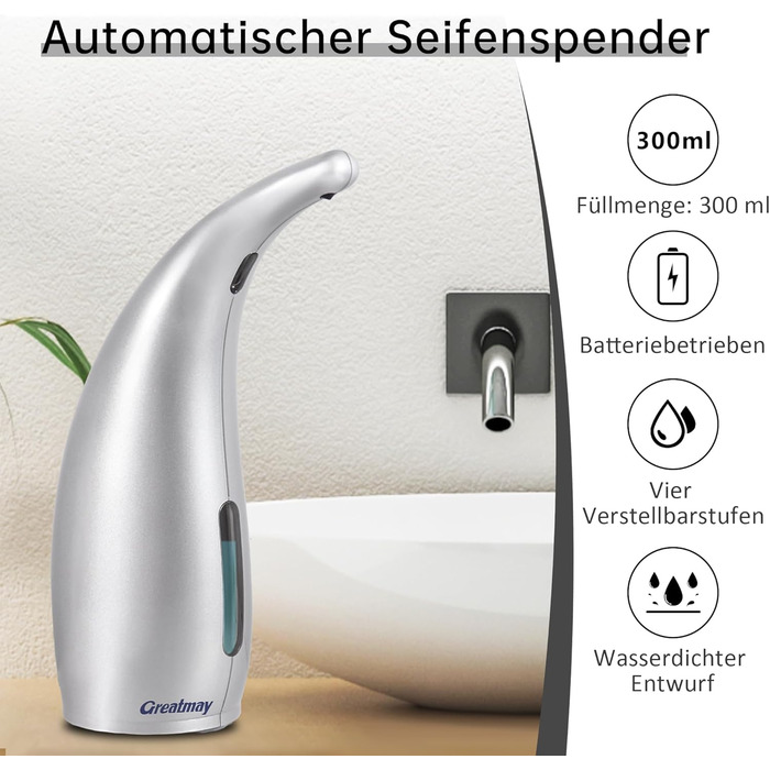 Greatmay Automatic Soap Dispenser - Touchless Electric 300ml Soap Dispenser with Adjustable Settings, IPX6 Waterproof for Bathroom, Kitchen
