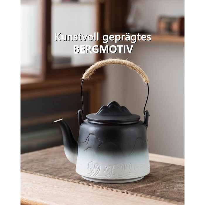 ZENS Design Japanese Teapot, 1000ml Gradient Embossed Japanese Teapot Ceramic with Built-in Strainer and Hemp Rope Handle for Loose Tea Steeper, Gift for Tea Lovers, Black & Bean Green (Black & White, 1000ml Teapot)