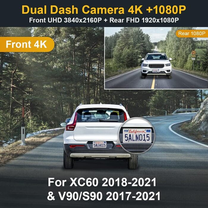 Відеореєстратор FITCAMX для Volvo XC60/S90/V90 (2022-2026) 4K Dual 2160P + 1080P, WiFi, G-сенсор, OEM, 128GB карта