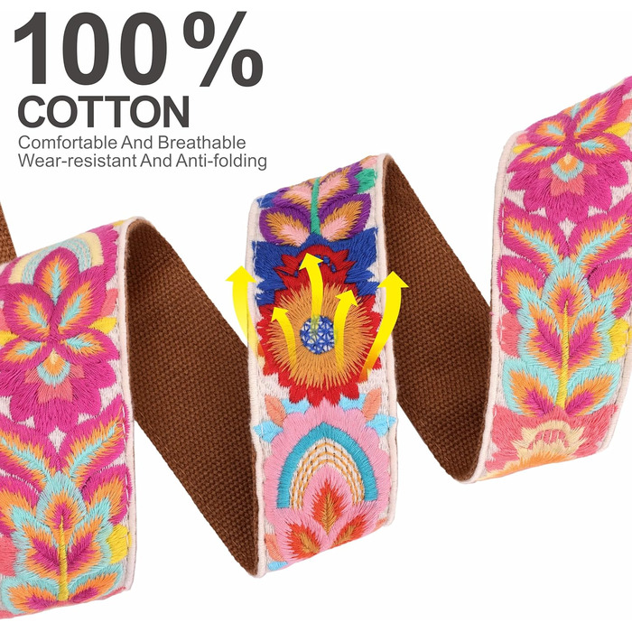 Гітарний ремінь 5,1 см з бавовни з шкіряними кінцями для бас-гітари, електрогітари та акустичної гітари (Квітка, кольорова 03)