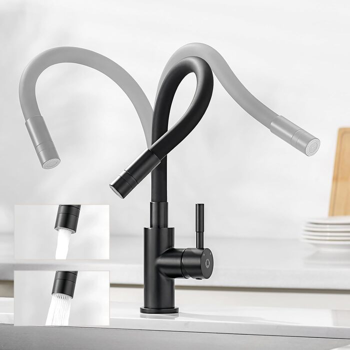 Змішувач кухонний CECIPA SOFETIY SERIE (Чорний) з гнучким виливом 360°, для високого тиску, з 2 режимами струменя, з нержавіючої сталі, для раковини