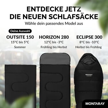 Montaray® Sleeping Bag with Hood -3°C - Outdoor Winter & Summer Sleeping Bag for Men & Women - 3-4 Season, Hut Sleeping Bag (75 x 220 cm)