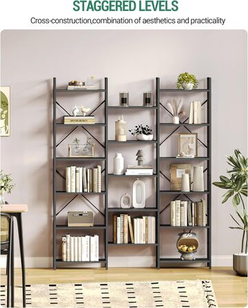 Книжкова шафа Hzuaneri з 17 полицями, 6 ярусів, регульовані полиці, 24x152x186 см, навантаження 340 кг, чорна з деревною текстурою, для вітальні та офісу