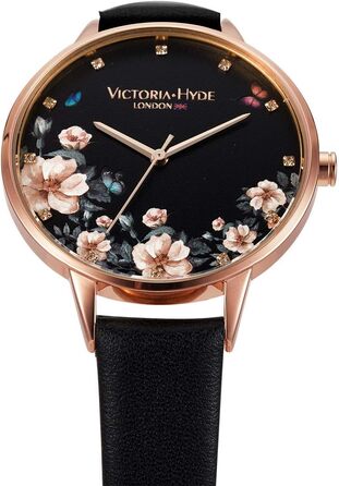 Жіночий наручний годинник VICTORIA HYDE Rosegold: аналоговий кварцовий годинник із шкіряним ремінцем та сталевим міш-браслетом, чорний з квітковим візерунком