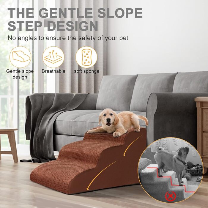 Dog stairs for small dogs, 3 steps pet stairs, cat stairs, sponge dog ramp for sofa bed, dog steps with removable cover, washable pet ladder, includes lint roller (Brown)