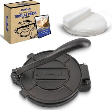 StarBlue Cast Iron Tortilla Press - 10 Inch with 100 Oil Sheets & Recipe eBook - Chapati, Roti, Tortilla Maker
