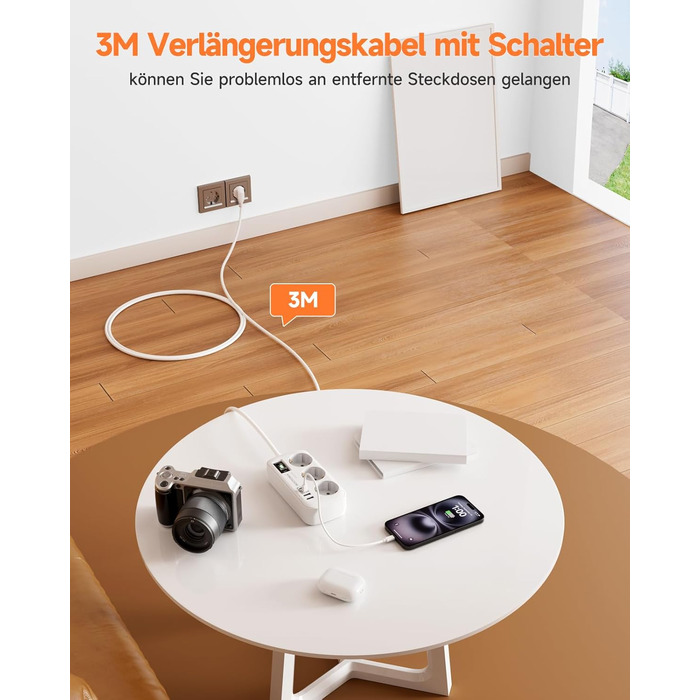 Многорозеткова станція з захистом від перенапруги, 3 розетки, 4 USB (2 USB-C), з вимикачем та кабелем 1.5м, для дому та офісу, біла