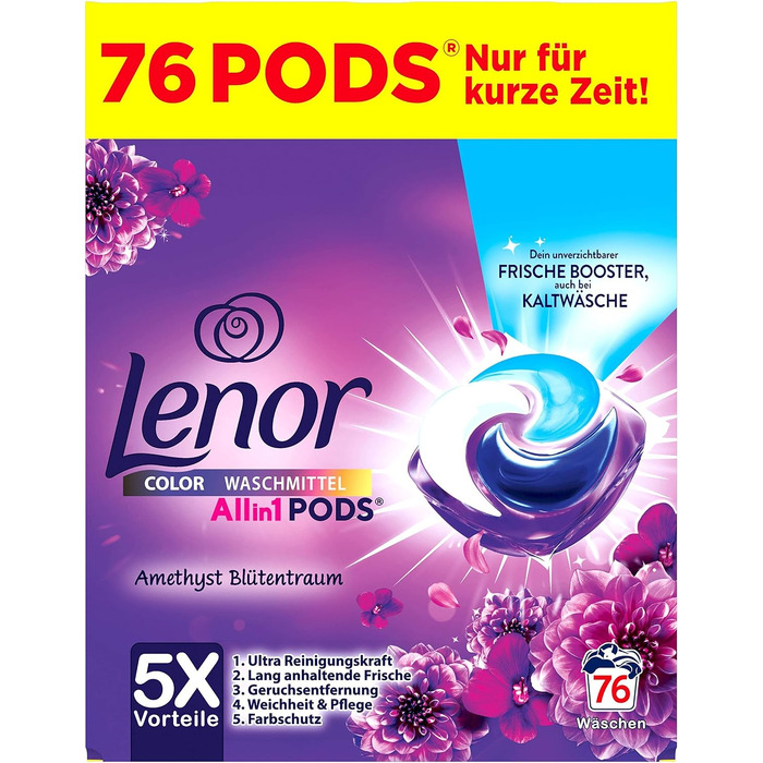 Капсули для прання кольорових речей Lenor All-in-1 PODS Amethyst Blütentraum, гігієнічне глибоке очищення та тривала свіжість, 76 шт
