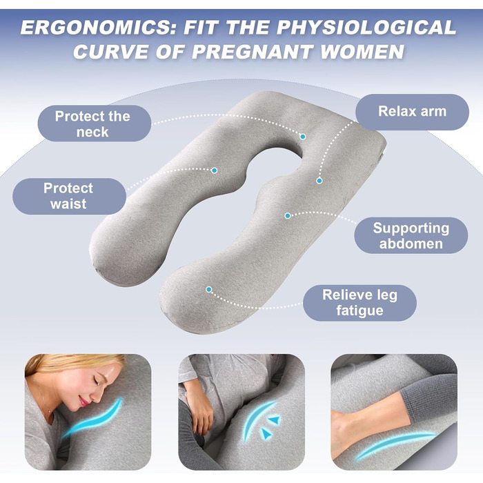 Подушка для вагітних Avmvnvc U-подібної форми, велика, для сну на боці, знімний чохол з джерсі (сірий)