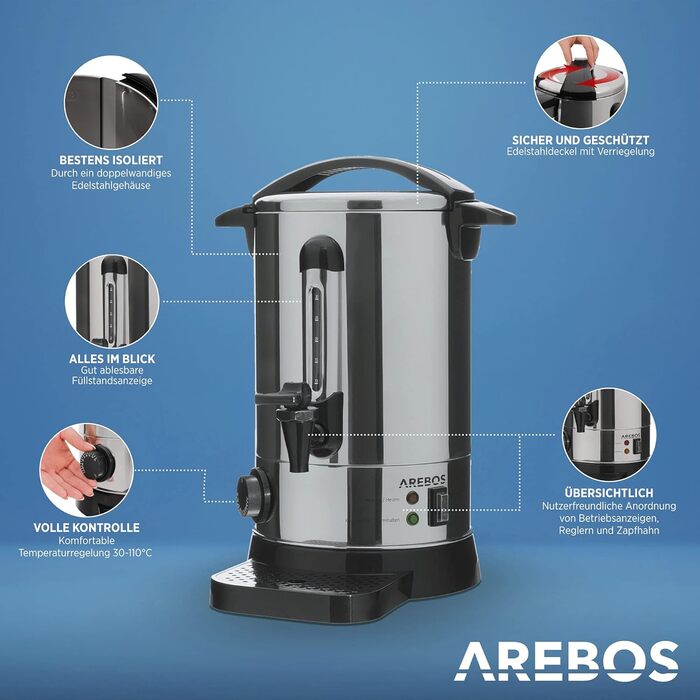 Arebos Glühwein Cooker 950 W | Hot Beverage Dispenser | 6.8 L | with drip tray, tap, thermostat, and overheat protection | Temperature setting from 30-110 °C | (Silver)