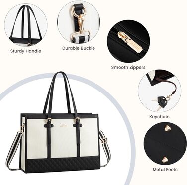 Сумка для ноутбука LOVEVOOK жіноча, сумка-шопер для роботи, університету, офісу, 17.3 дюйми (чорно-біла)