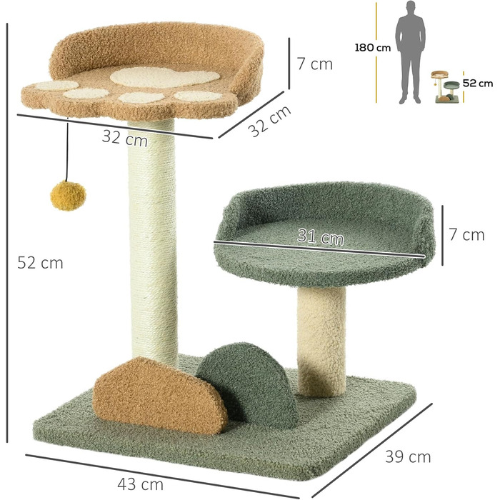 Котячий будиночок PawHut: двоелементний когтетоп з м'ячем, 52 см, сізал, для котів до 5 кг, 43 x 39 x 52 см