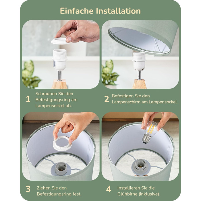 Дерев'яна настільна лампа EDISHINE з абажуром з льону, Е27, для вітальні, спальні, в стилі кантрі [Енергоклас F], колір: зелений льон