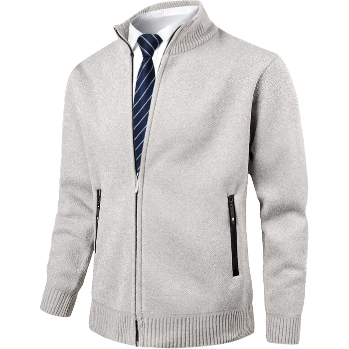 Чоловіча в'язана кофта з коміром-стійкою, на блискавці, з м'яким плюшевим підкладкою. Зручна чоловіча куртка-кардиган з тонкого в'язання для осені та зими (Бежевий, M)