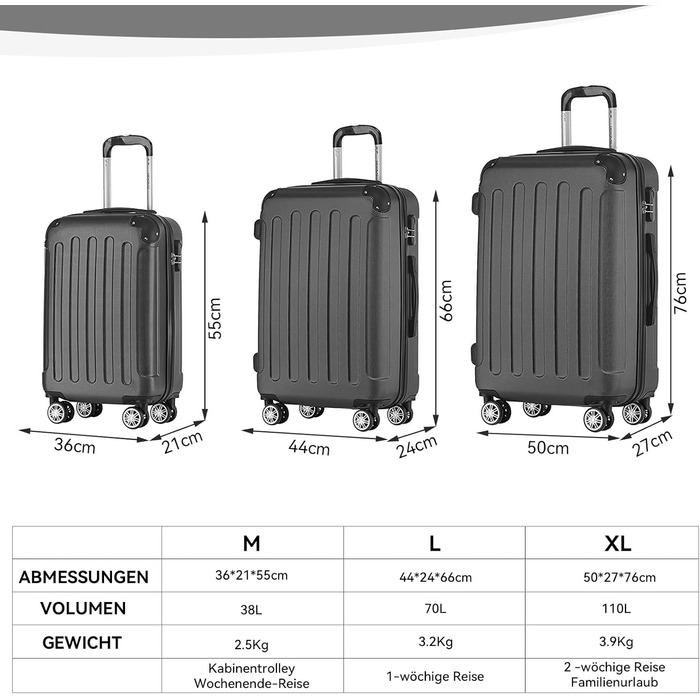 Чохол-валіза Beibye з кодовим замком, 4 колеса, чорний, 55 см
