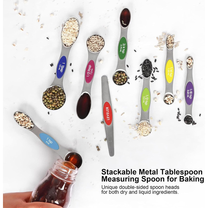 Multicolor magnetic measuring spoon set with leveler, stainless steel, stackable, fits spice jars – for baking and kitchen use