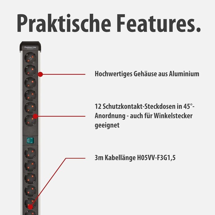 Бренненштуль Преміум-Алю-Лайт Розподільник розеток 12-фазний з алюмінію (багаторозетова панель з 2 вимикачами та 3м кабелем, Made in Germany), Нова версія Single