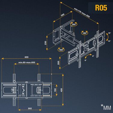 Кріплення для телевізора RICOO: універсальний поворотний кронштейн для телевізорів 40-75 дюймів (VESA 600x400, до 95 кг)