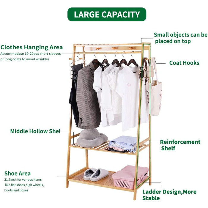 Bamboo Coat Rack, Clothes Rack with 3 Shelves and 10 Hooks, Clothes Rail, for Hallway, Living Room and Office, 80x43.5x165cm
