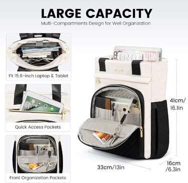 LOVEVOOK Рюкзак для ноутбука жіночий Елегантний 15.6 дюймів 2-в-1 Сумка-рюкзак Водонепроникний для дівчат, підлітків з відділенням для ноутбука, жіночий рюкзак, повсякденна сумка для універу, школи, подорожей, роботи, 15.6', Бежевий, Чорний