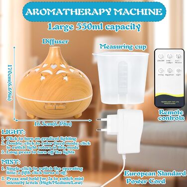 Аромадифузор 550 мл для ефірних олій, ультразвуковий зволожувач повітря, пульт дистанційного керування, 4 таймери, 7 кольорів, автовимкнення, дифузор для ефірних олій, аромалампа для спа, офісу, спальні