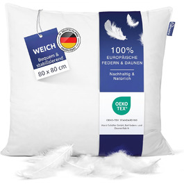 Clemens Soft Down Pillow 80x80 cm (1400g) - Pillow made from European feathers 85% & down 15%, feather pillow Made in Germany - Soft & Supportive - Down pillow for back and stomach sleepers Soft 80 x 80 cm