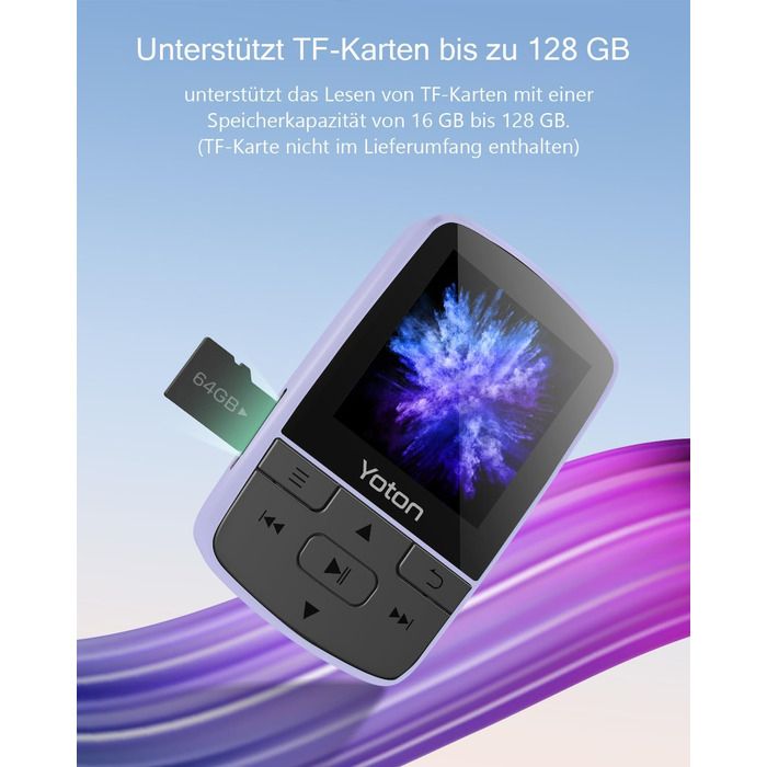 MP3-плеєр YOTON з Bluetooth 5.2, Hi-Fi звук, FM-радіо, диктофон, регулятор гучності, навушники, підтримка SD до 128 ГБ, фіолетовий