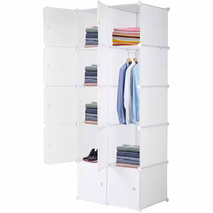 Modular wardrobe system, 10 dice, plastic wardrobe with doors, modular cabinet for space-saving storage, 70 x 45 x 175 cm, White door & Black cabinet. Storage for clothing, shoes, etc. (70 x 45 x 150 cm, White-1)