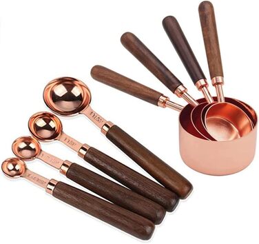 8-Piece Stainless Steel Measuring Spoon Set with Walnut Handle, Copper Measuring Cup Set for Baking and Cooking