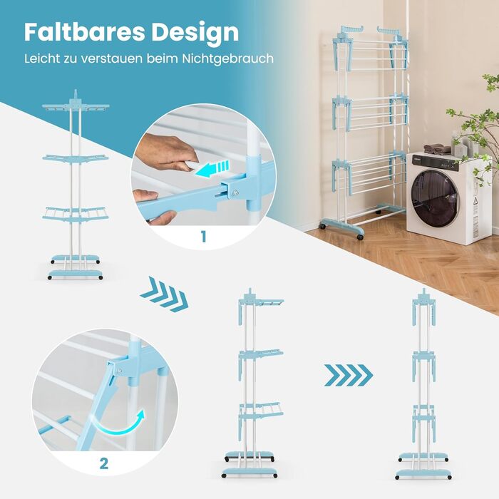 Сушарка для білизни GOPLUS 4-рівнева розкладна з 2 тримачами для вішалок, 3 висувними полицями, полицею для взуття та 4 колесами для використання в приміщенні та на вулиці (Блакитна)