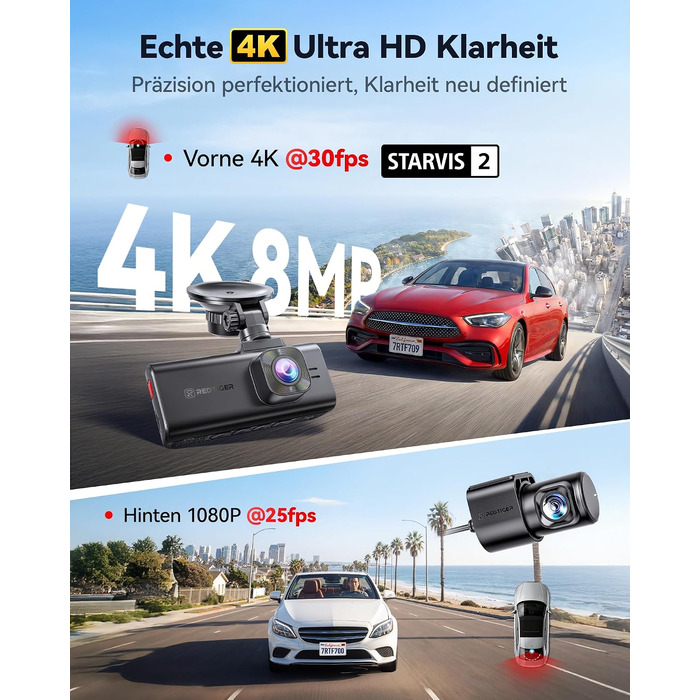 Автомобільний відеореєстратор REDTIGER F7NA 4K UHD (передній та задній), сенсор STARVIS 2 IMX678 8MP, двоканальна камера для авто