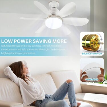 OKYUK Стеля-вентилятор з підсвічуванням, тихий, з пультом керування, регулювання кольору, E26/E27, 48 см, білий