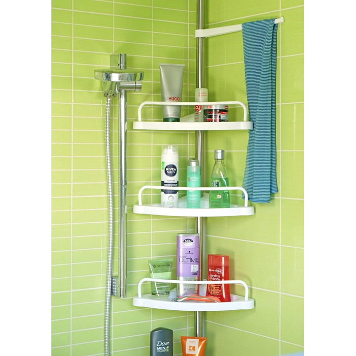 stardis Telescopic Corner Shelf, Stainless Steel, Rust-Proof with 4 Shelves, Shower Shelf, Telescopic Shelf for Shower, Bathroom, Shower Shelf, Height Adjustable from 120-300 cm, White