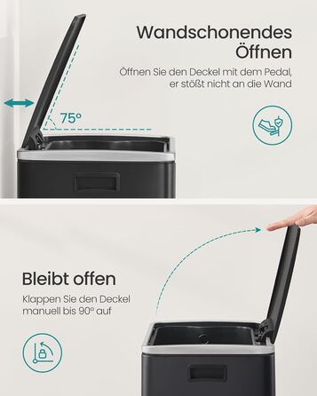 Відро для сміття SONGMICS 50 л, нержавіюча сталь, знімний внутрішній відро, Softclose, LTB595E01 (чорний)
