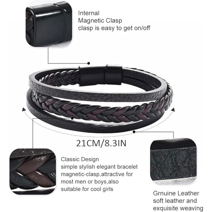 Чоловічий браслет з натуральної шкіри, плетіння ручної роботи. Браслет для чоловіків зі сталевою застібкою, шкіряний браслет з телячої шкіри, широкий браслет з магнітною застібкою.