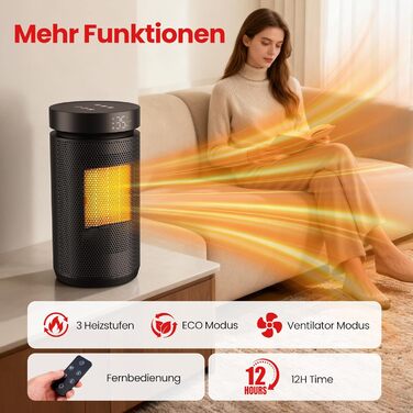 Електричний обігрівач 1500W з термостатом, PTC-кераміка, захист від перегріву та перекидання, 3 режими, таймер 12h, осциляція 70°, для дому, кемпінгу, офісу