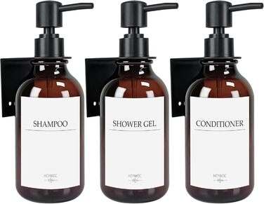 Набір дозаторів для мила та шампуню на стіну, 500 мл, 3 шт. з етикетками, без свердління, для ванної кімнати, янтарно-коричневий, чорний насос