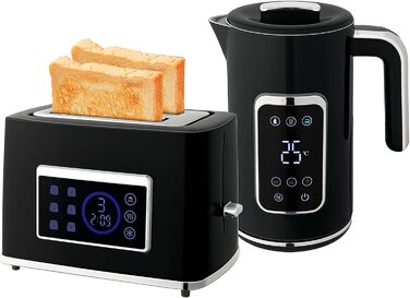 Набір для сніданку HOMCOM: чайник 1.7л з нержавіючої сталі та тостер на 2 тости з 6 рівнями підсмажування, LED-сенсорна панель, 2200W, функція розморожування, підігріву, зйомний піддон для крихт, кремово-білий (чорний)